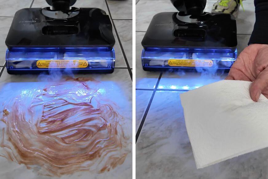 Der Tineco Floor One S7 Stretch Steam Plus hat im Reinigungstest mit Dampfreinigung eingetrocknete Ketchup und Mayonnaise Flecken restlos entfernt.